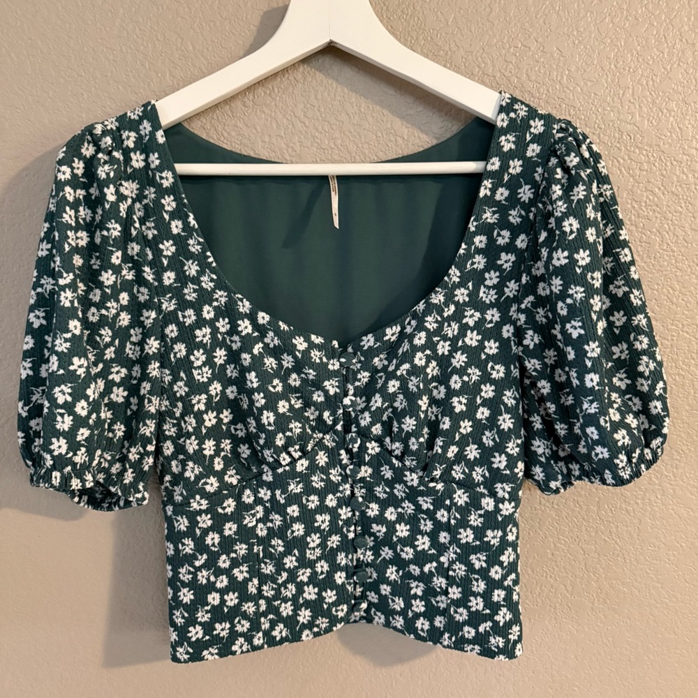 Free People Green Floral Puff Sleeve Blouse